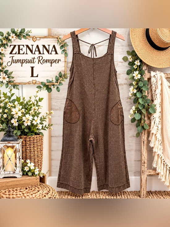 Zenana Outfitters Pants - ZENANA Woven Tie Back Suspender Jumpsuit Brown Large